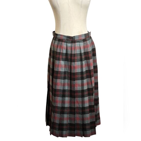None Dresses & Skirts - Gray and Black Vintage Plaid Lined Wool Pleated Midi Skirt